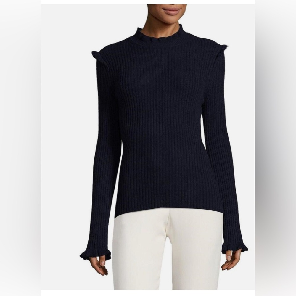 NEW Derek Lam 10 Crosby cashmere Fitted Ruffle Ribbed Sweater small navy blue